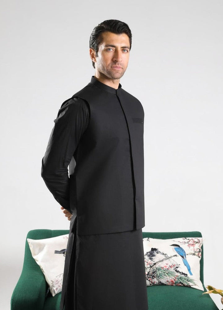 Muraqsh Ready To Wear Solids  Men Black Soft Cotton Waistcoat MUR-BSCW - Summer Collection