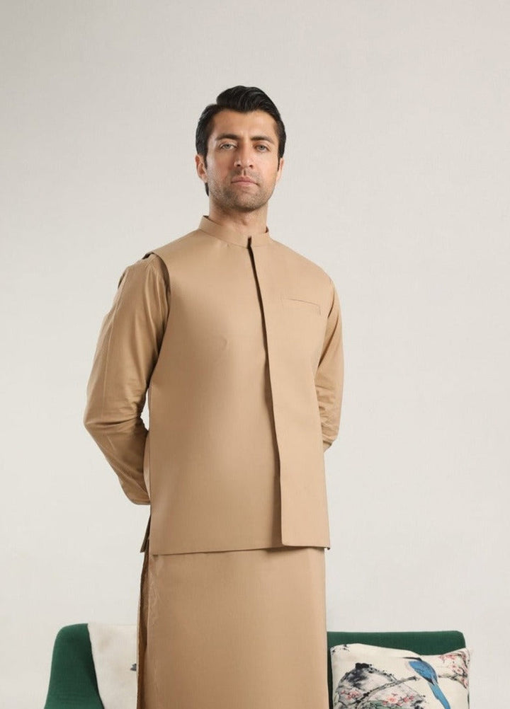 Muraqsh Ready To Wear Solids  Men Camel Soft Cotton Waistcoat MUR-CSCW - Summer Collection