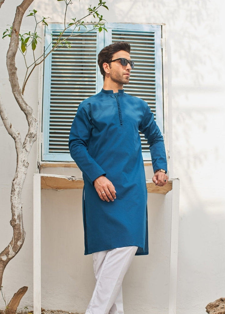 Muraqsh Ready To Wear Solids  Men French Blue Cotton Kurta Trouser MUR-FBCKW - Summer Collection