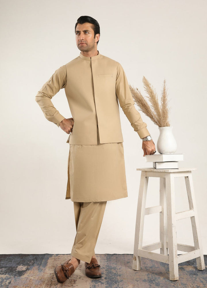 Muraqsh Ready To Wear Solids  Men Ivory Skin Soft Cotton Kurta Shalwar with Waistcoat MUR-ISCKS - Summer Collection