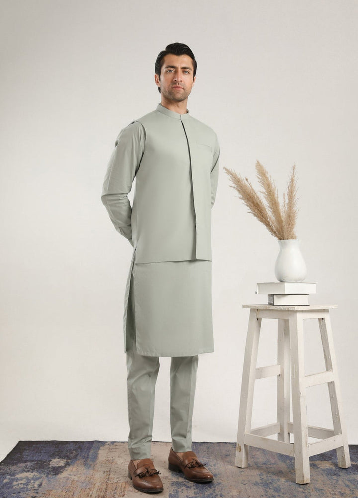 Muraqsh Ready To Wear Solids  Men Light Mint Soft Cotton Kurta Trouser with Waistcoat MURMCKT - Summer Collection