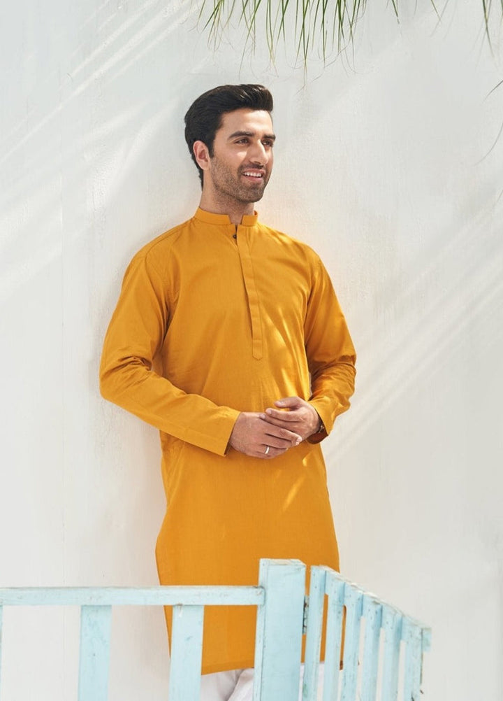 Muraqsh Ready To Wear Solids  Men Mustard Cotton Kurta Trouser MURCKWT-KUR - Summer Collection