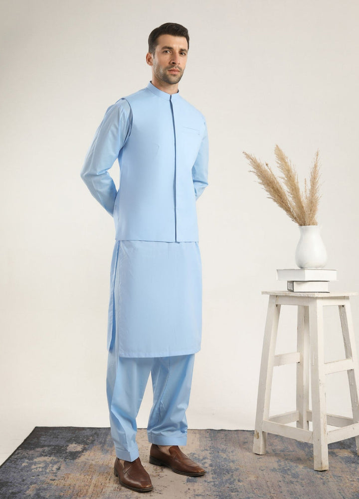 Muraqsh Ready To Wear Solids  Men Sky Blue Soft Cotton Kurta Shalwar with Waistcoat MURBCKS - Summer Collection