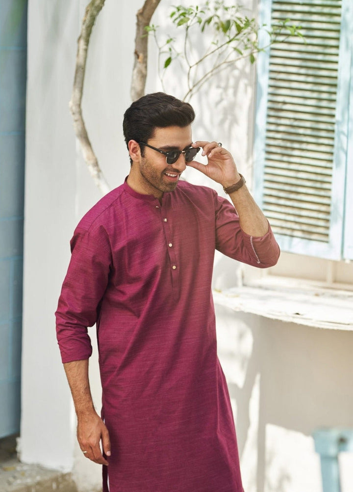 Muraqsh Ready To Wear Solids  Men Textured Wine Cotton Kurta Trouser MUR-TWCKW - Summer Collection