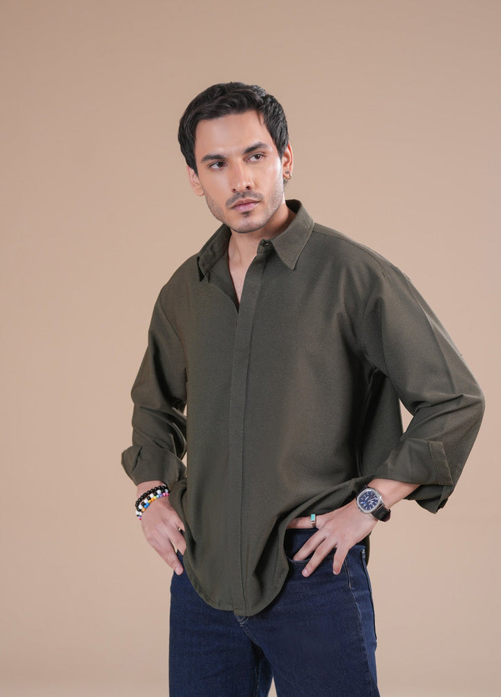 Muraqsh Ready To Wear Solids Poplin Men Olive Honeycomb Interlock Poplin Shirt ABD-OHIPS - Summer Collection
