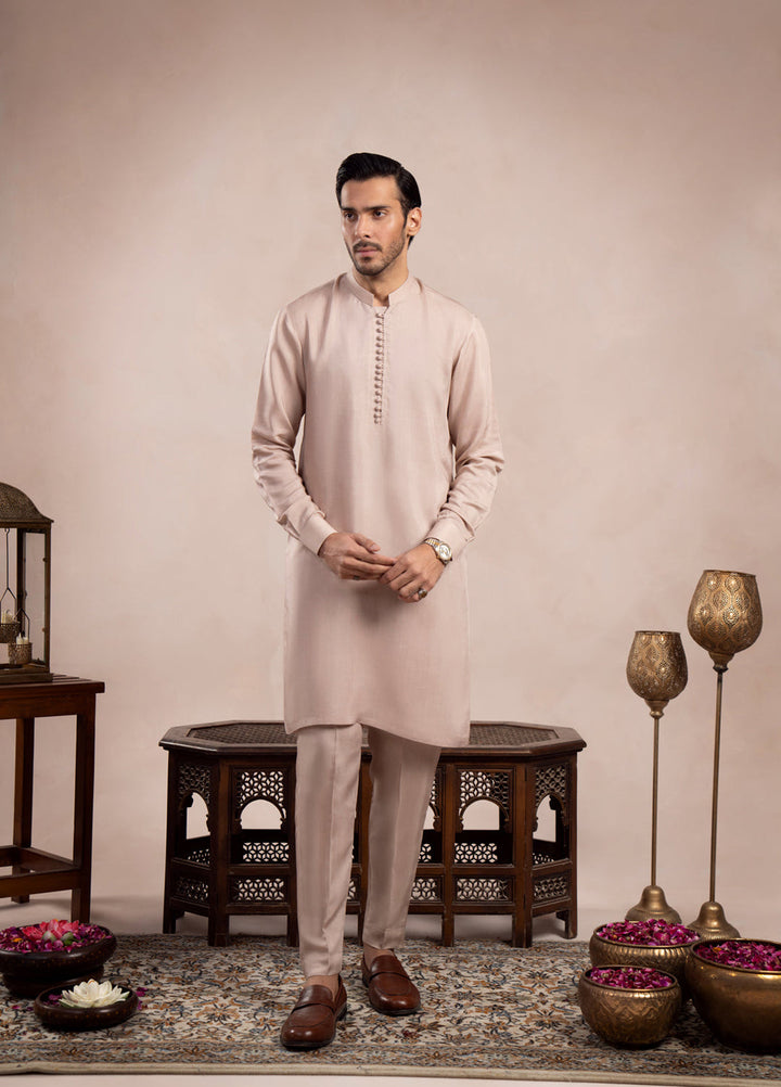 Muraqsh Ready To Wear Solids Silk Men Coffee Beige Viscose Kurta Trouser Loop Buttons ABD-COFFEE-BAN - Winter Collection