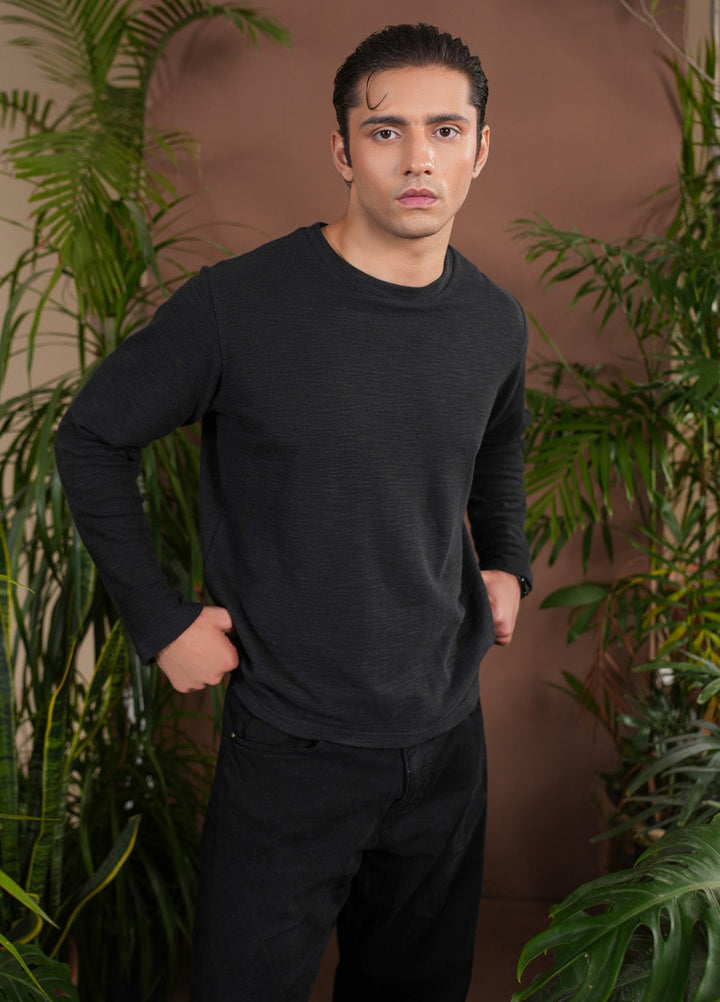 Muraqsh Ready To Wear Solids Waffle Men Black Knit Sweat Shirt Relaxed Fit ABD-BWKSS - Summer Collection