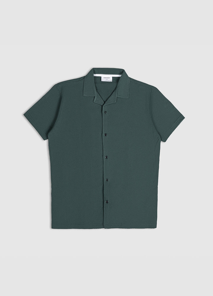 Muraqsh Ready To Wear Solids Waffle Men Dark Green Waffle Textured Revere Button Down ABD-DGWTRBD-FS - Summer Collection