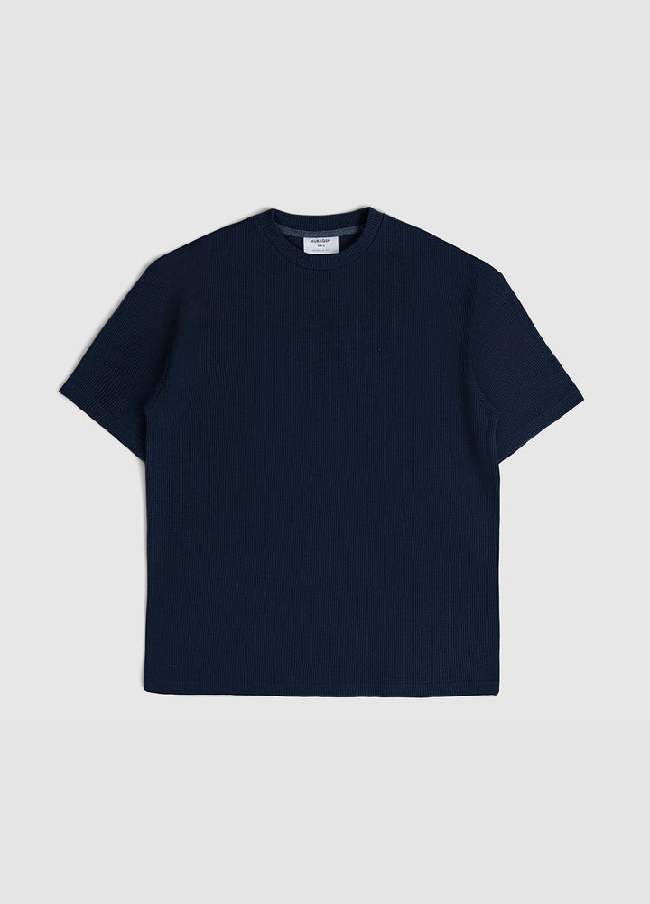 Muraqsh Ready To Wear Solids Waffle Men Navy Blue Oversized T-Shirt ABD-NBWOT - Summer Collection