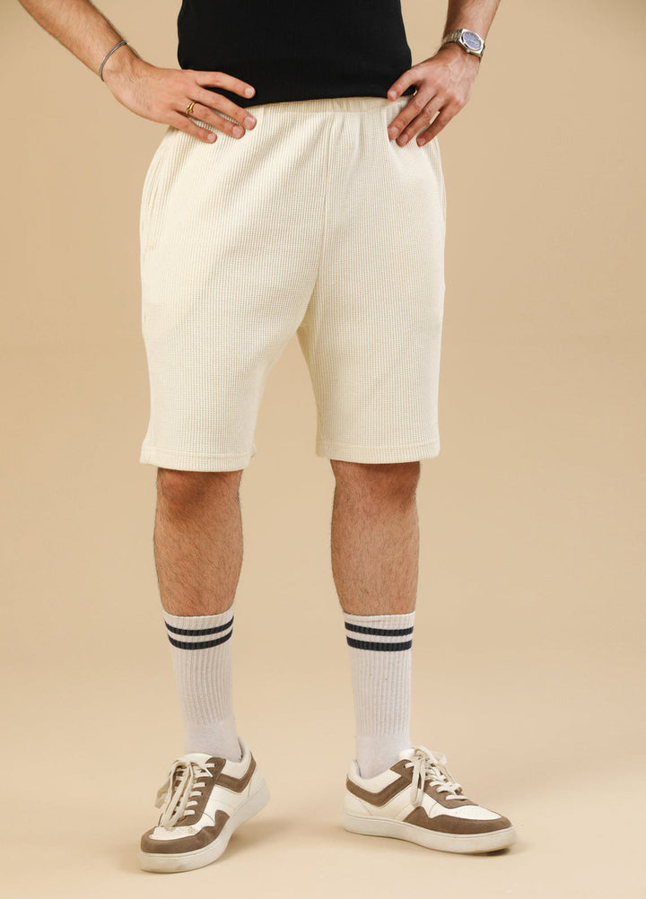 Muraqsh Ready To Wear Solids Waffle Men Off White Textured Shorts with Hidden Drawstring ABD-OWWTSHD - Summer Collection
