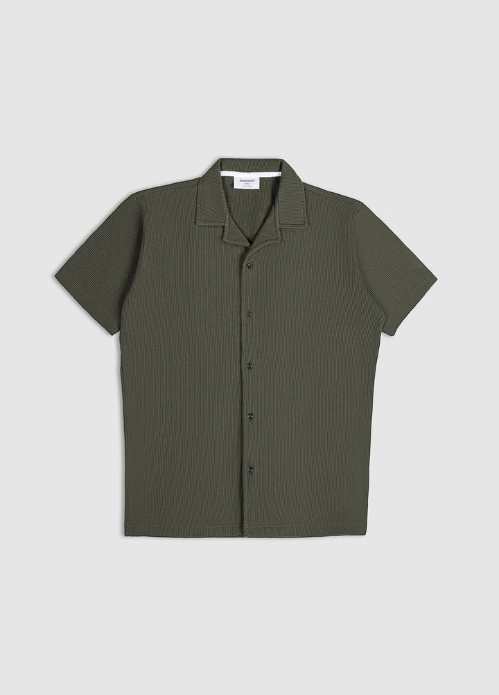 Muraqsh Ready To Wear Solids Waffle Men Olive Waffle Textured Revere Button Down ABD-OWTRBD-FS - Summer Collection