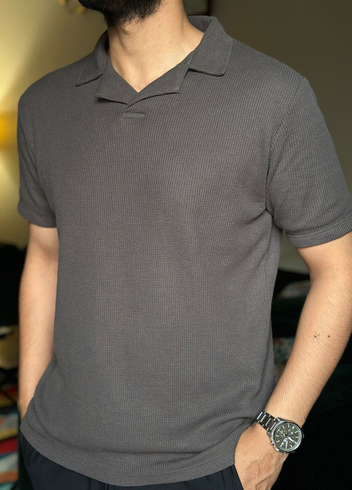 Muraqsh Ready To Wear Solids Waffle Men Waffle Heather Grey Revere Polo ABD-WHGRP - Summer Collection