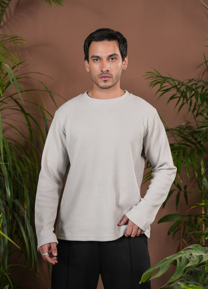 Muraqsh Ready To Wear Solids Waffle Men White Knit Sweat Shirt Relaxed Fit ABD-OWWKS - Summer Collection