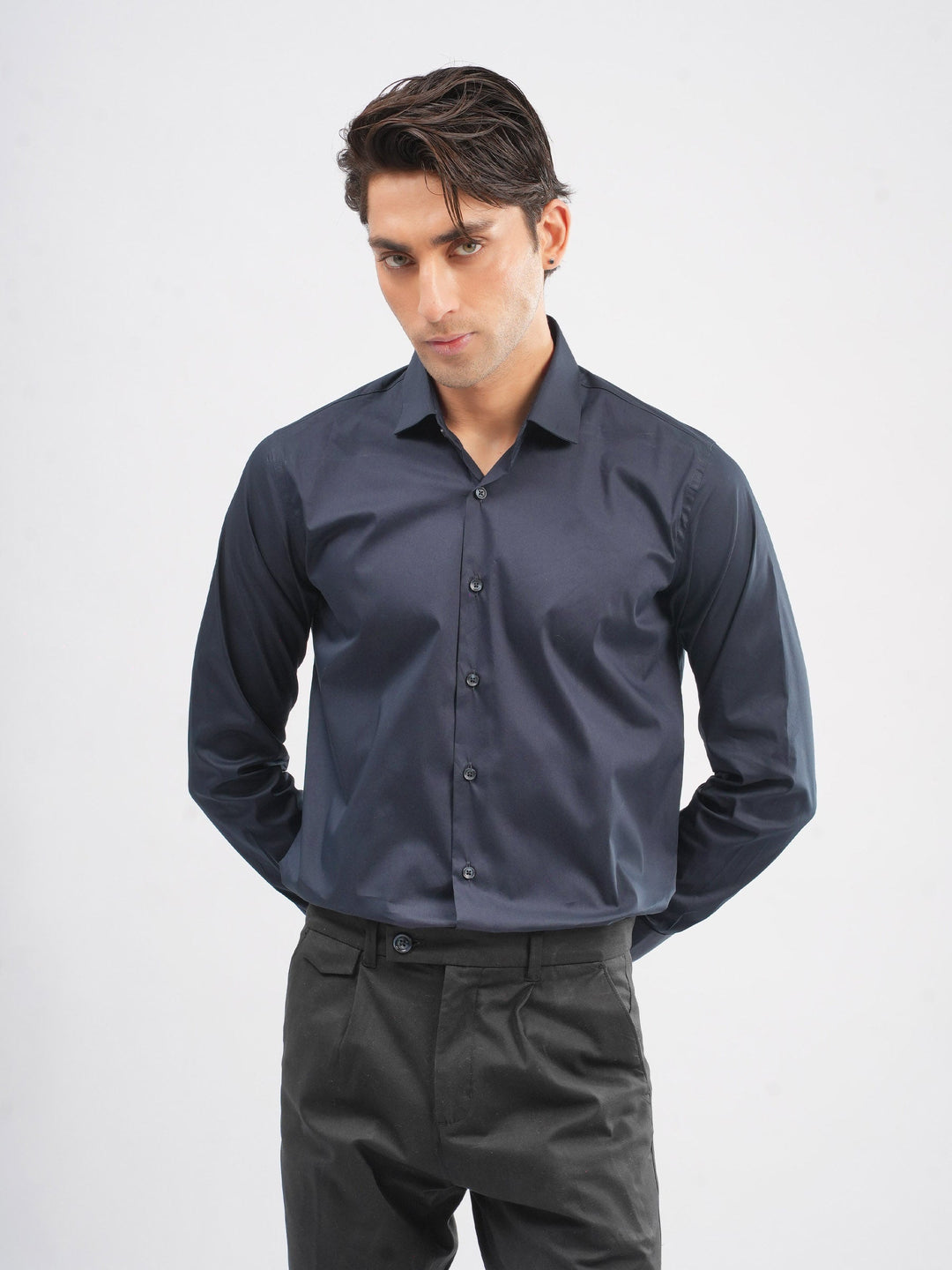 Brumano Mens RTW Solids Cotton Shirt Navy Blue Classic Satin Casual Collection