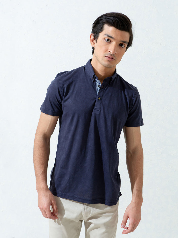 Brumano  Solids Cotton Polo Navy Blue Jacquard Polo Shirt With Detailing