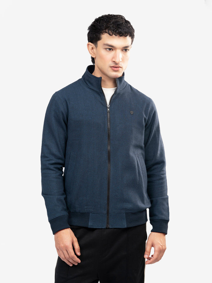 Brumano Mens RTW Solids Cotton 1 Piece Navy Blue Mock Neck Zipper Winter Collection