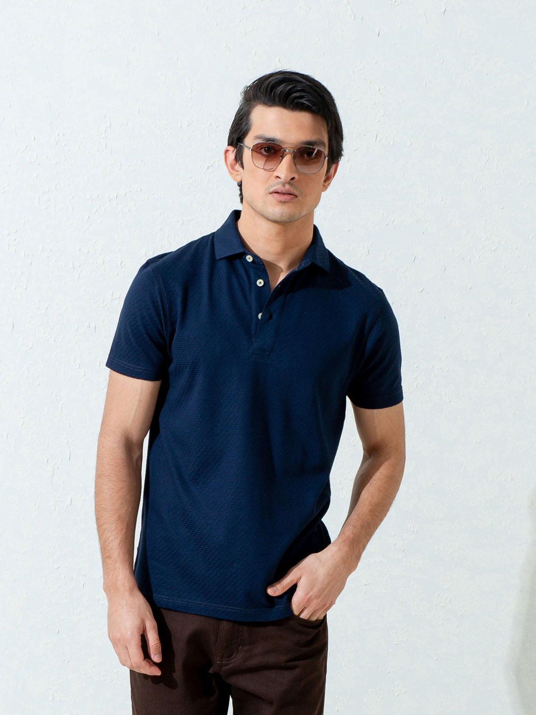Brumano  Solids Cotton Polo Navy Blue Textured Polo With Classic Collar
