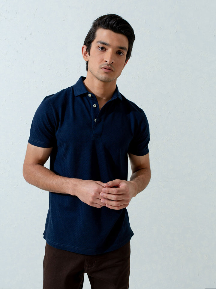Brumano  Solids Cotton Polo Navy Blue Textured Polo With Classic Collar