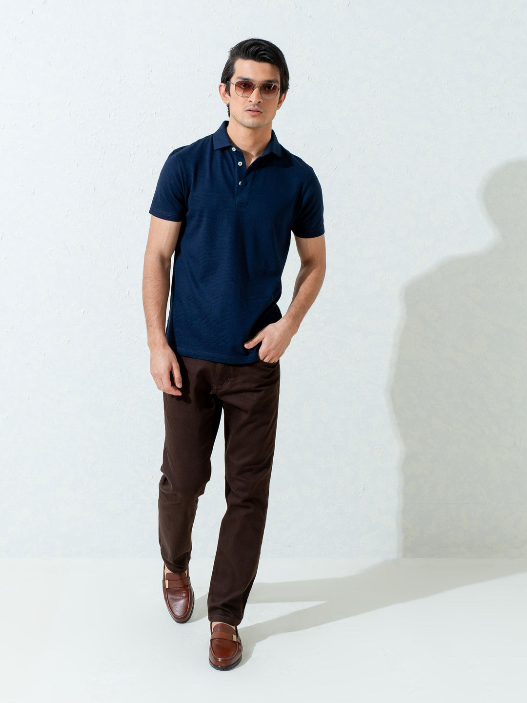 Brumano  Solids Cotton Polo Navy Blue Textured Polo With Classic Collar