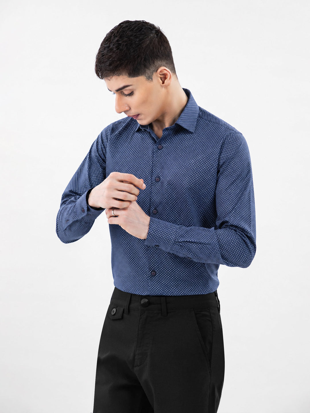 Brumano Mens RTW Solids Cotton Shirt Navy Blue Polka Dot Casual Collection