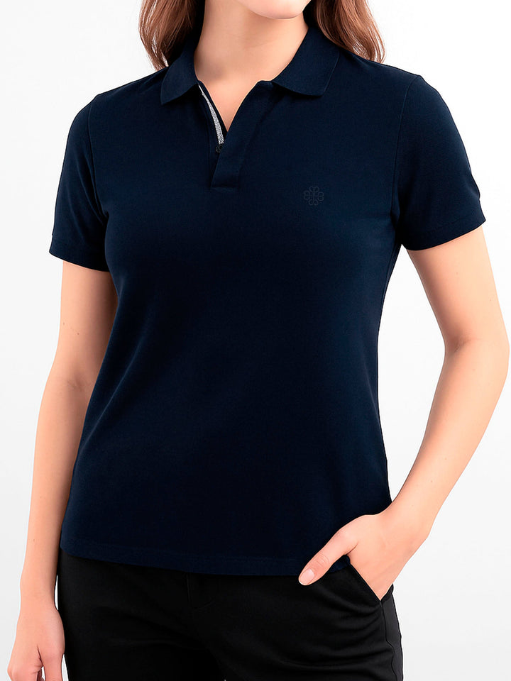 Brumano Solids Navy Blue 100% Cotton Pique Polo - Women
