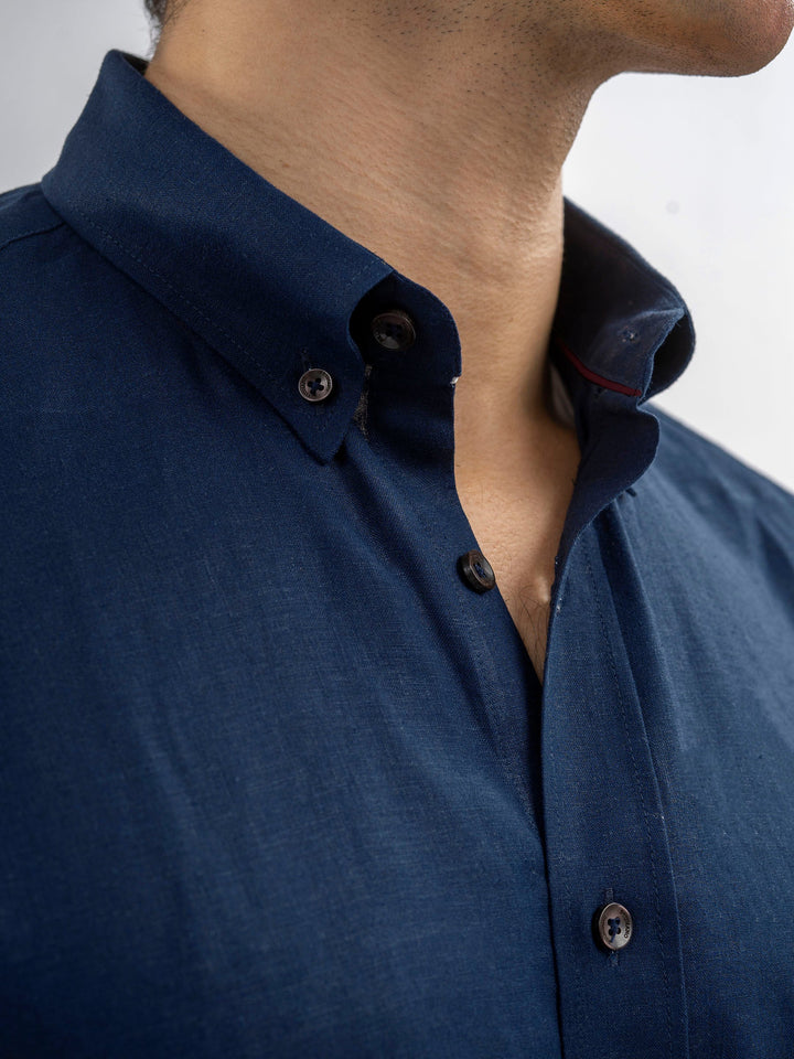 Brumano Ready To Wear Shirts Men 1 Piece Cotton Navy Blue 100% Linen Button Down Shirt 0-32-024-3333 - Summer Collection