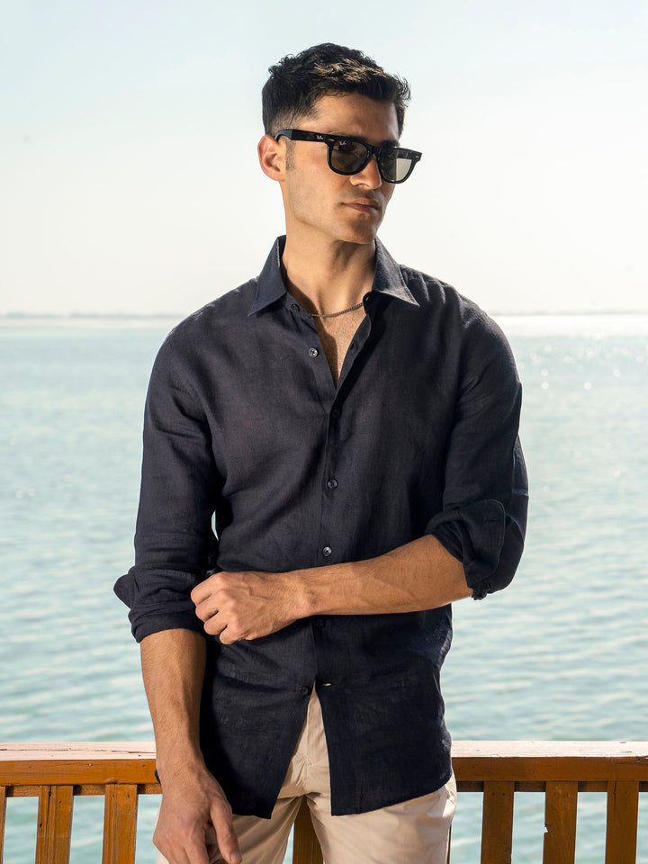 Brumano Ready To Wear Shirts Men 1 Piece Cotton Navy Blue Airy Linen Blended Shirt 0-31-025-3951 - Summer Collection