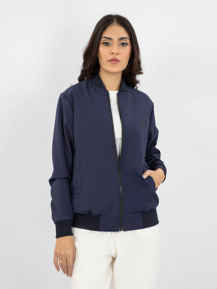 Brumano Pret Solids Polyester 1 Piece Navy Blue Bomber Jacket - Women