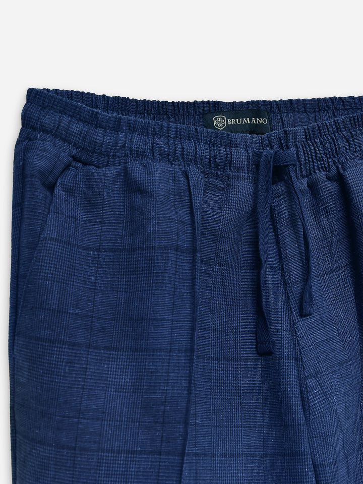 Brumano Textured Linen Trouser Navy Blue Checkered 100% Linen Pajama Trouser