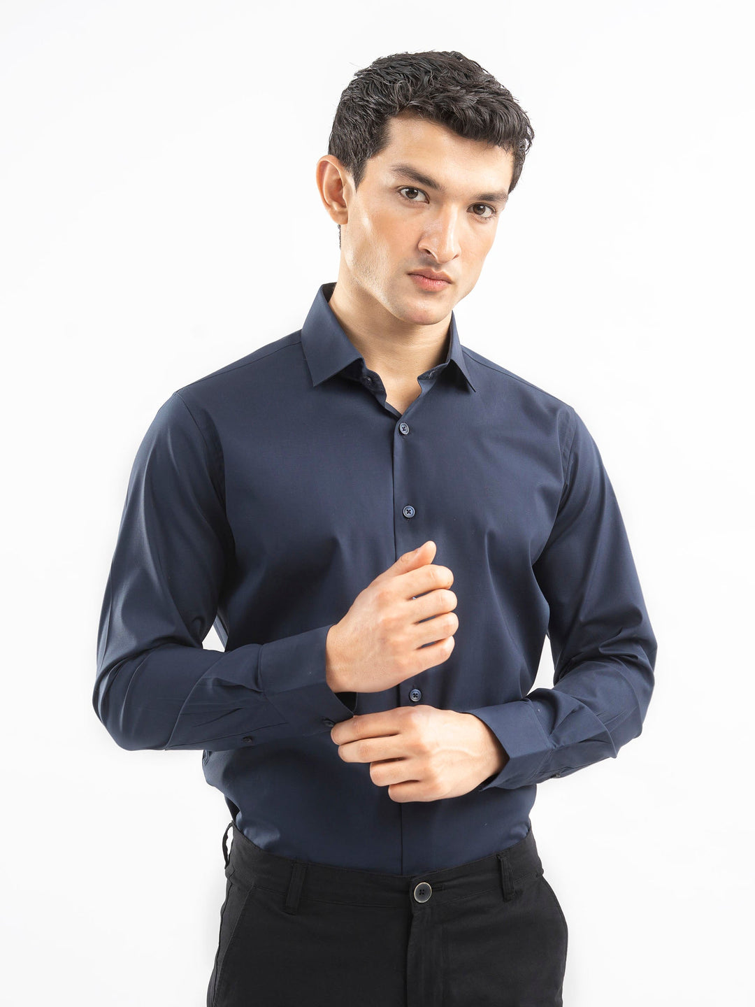 Brumano Mens RTW Solids Cotton Shirt Navy Blue Satin Casual Collection