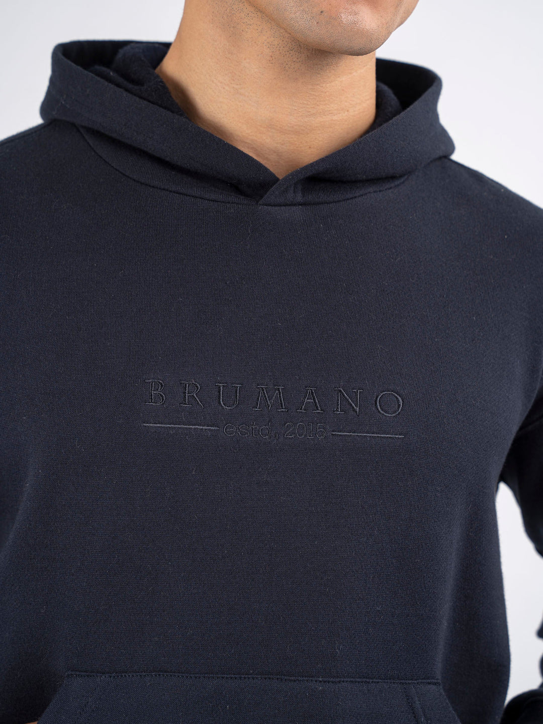 Brumano Embroidered Fleece Navy Blue Embroidered Relaxed Fit Hoodie - Winter Collection