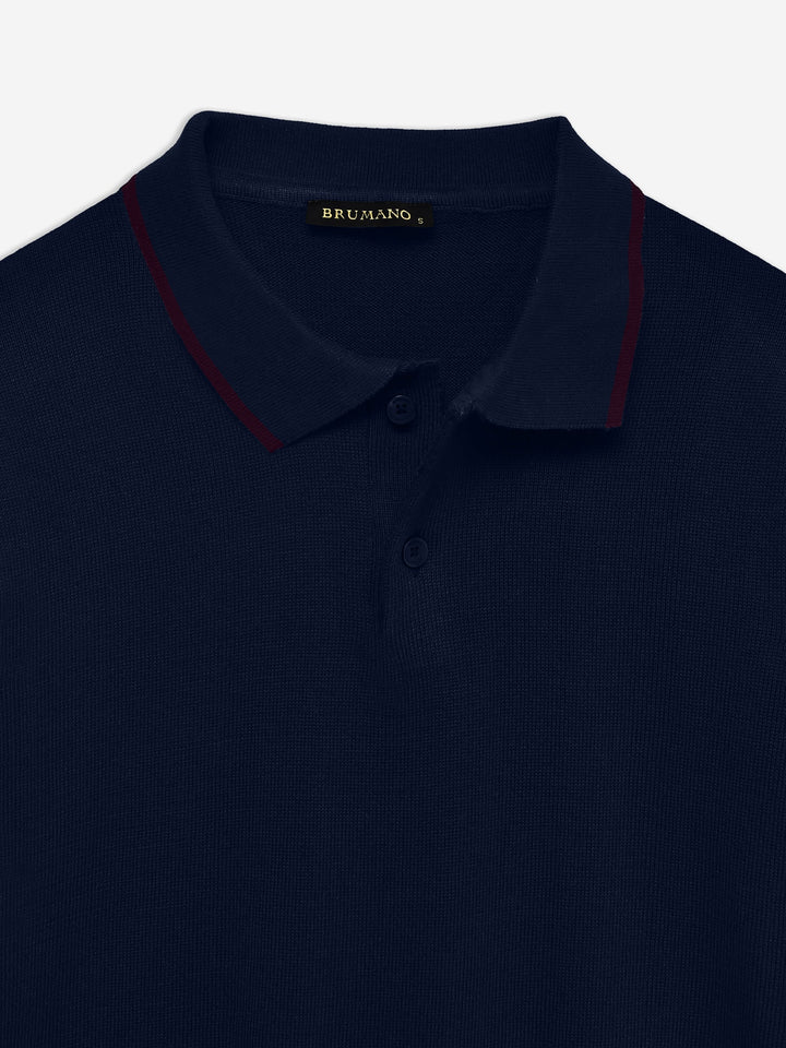 Brumano  Solids Cotton Polo Navy Blue Flat Knit Polo With Tipped Collar