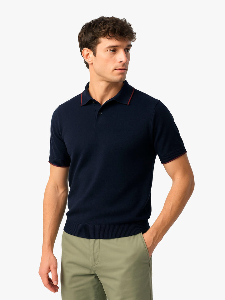 Brumano  Solids Cotton Polo Navy Blue Flat Knit Polo With Tipped Collar