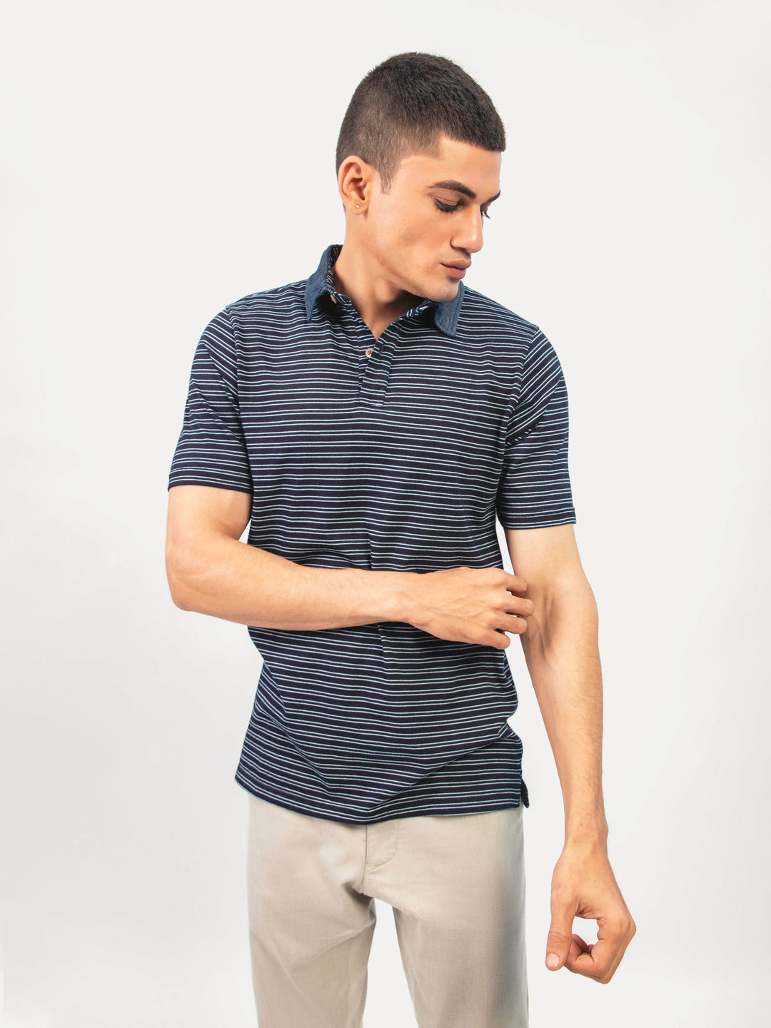 Brumano  Solids Cotton Polo Navy Blue Indigo Striped Polo Shirt Slimfit
