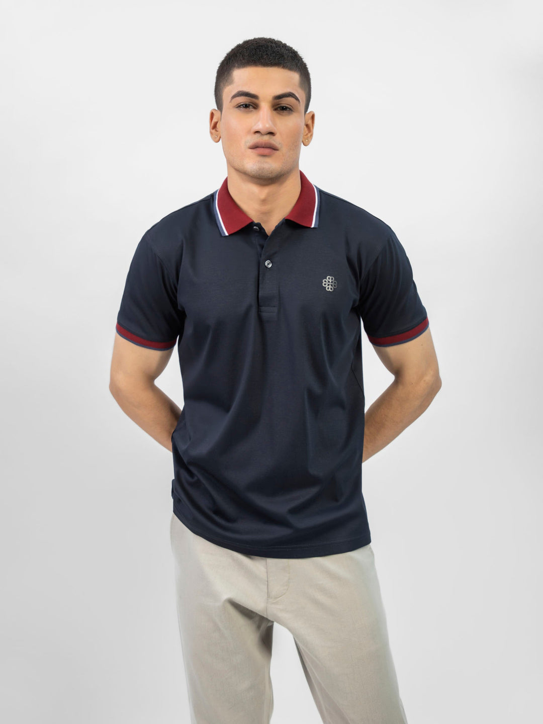 Brumano  Solids Cotton Polo Navy Blue Interlock Polo With Contrasting Maroon Collar