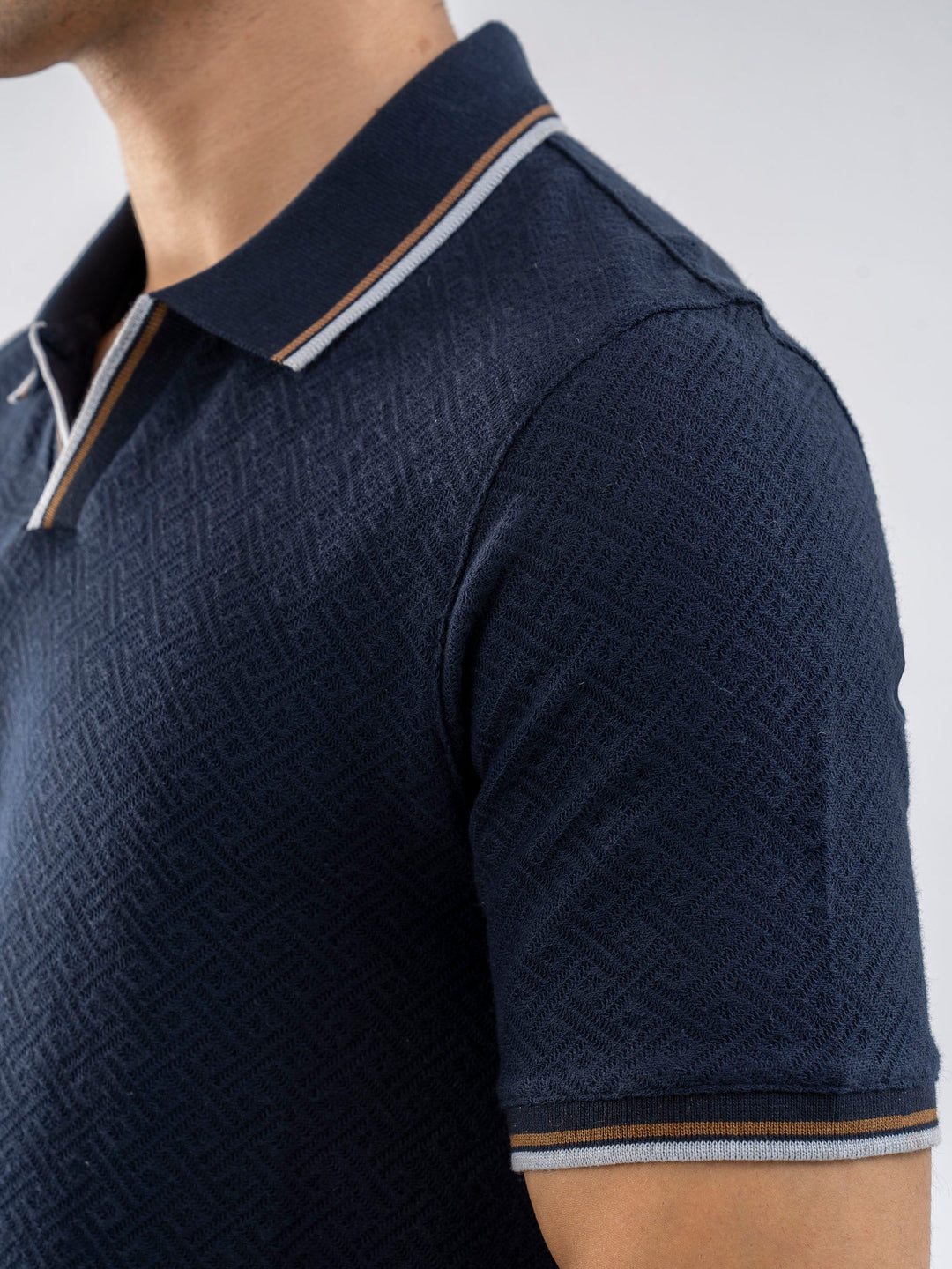 Brumano  Solids Cotton Polo Navy Blue Jacquard Structured Tipped V-Neck Polo