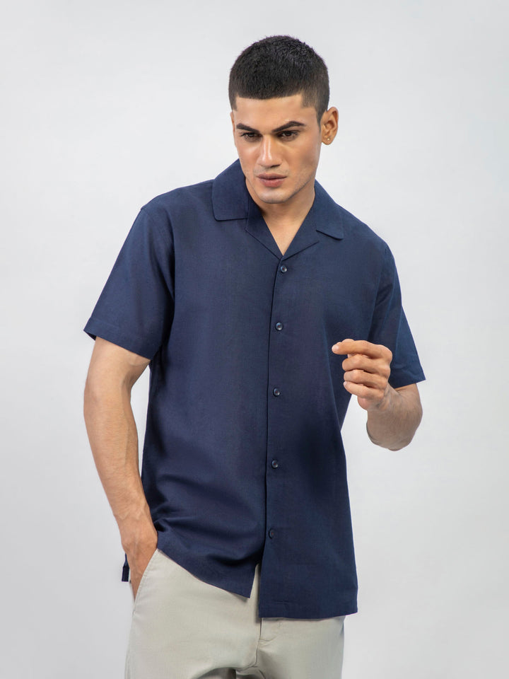 Brumano Ready To Wear Shirts Men 1 Piece Cotton Navy Blue Linen Blended Half Sleeve Cuban Collar Shirt 0-33-025-6073 - Summer Collection