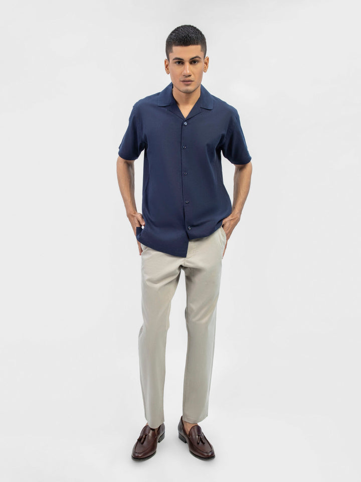 Brumano Ready To Wear Shirts Men 1 Piece Cotton Navy Blue Linen Blended Half Sleeve Cuban Collar Shirt 0-33-025-6073 - Summer Collection