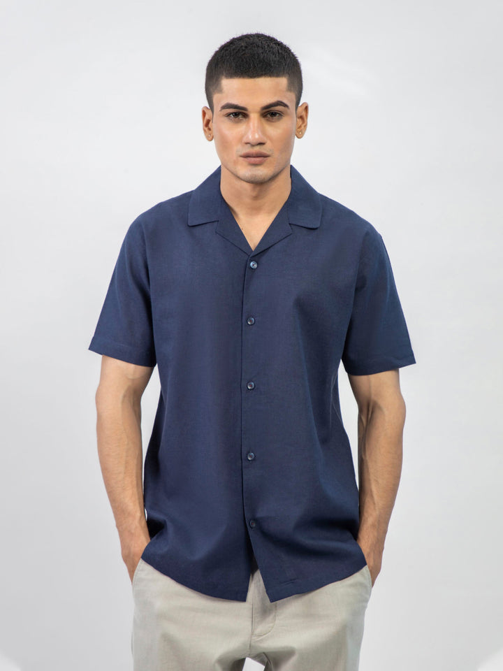 Brumano Ready To Wear Shirts Men 1 Piece Cotton Navy Blue Linen Blended Half Sleeve Cuban Collar Shirt 0-33-025-6073 - Summer Collection