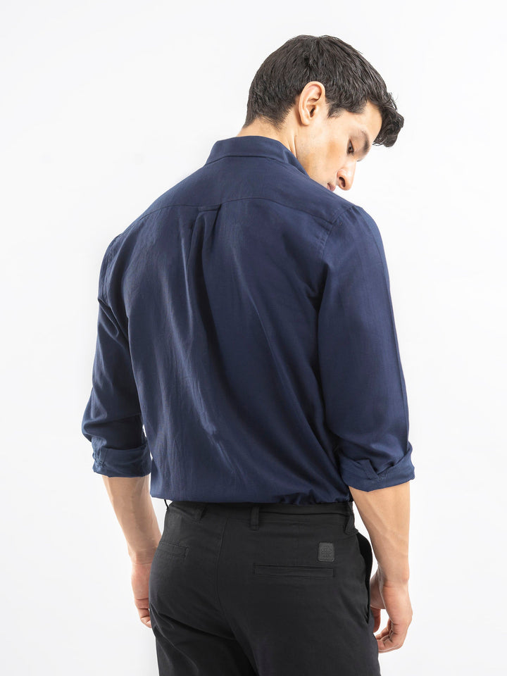 Brumano Ready To Wear Shirts Men 1 Piece Cotton Navy Blue Linen Button Down Shirt 0-31-025-4253 - Summer Collection