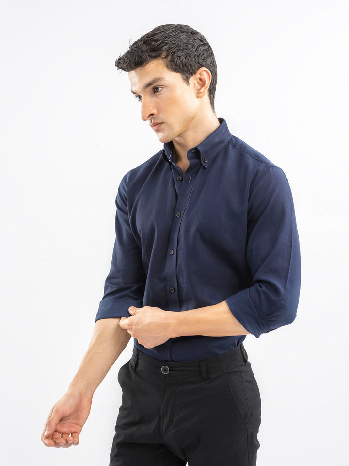 Brumano Ready To Wear Shirts Men 1 Piece Cotton Navy Blue Linen Button Down Shirt 0-31-025-4253 - Summer Collection