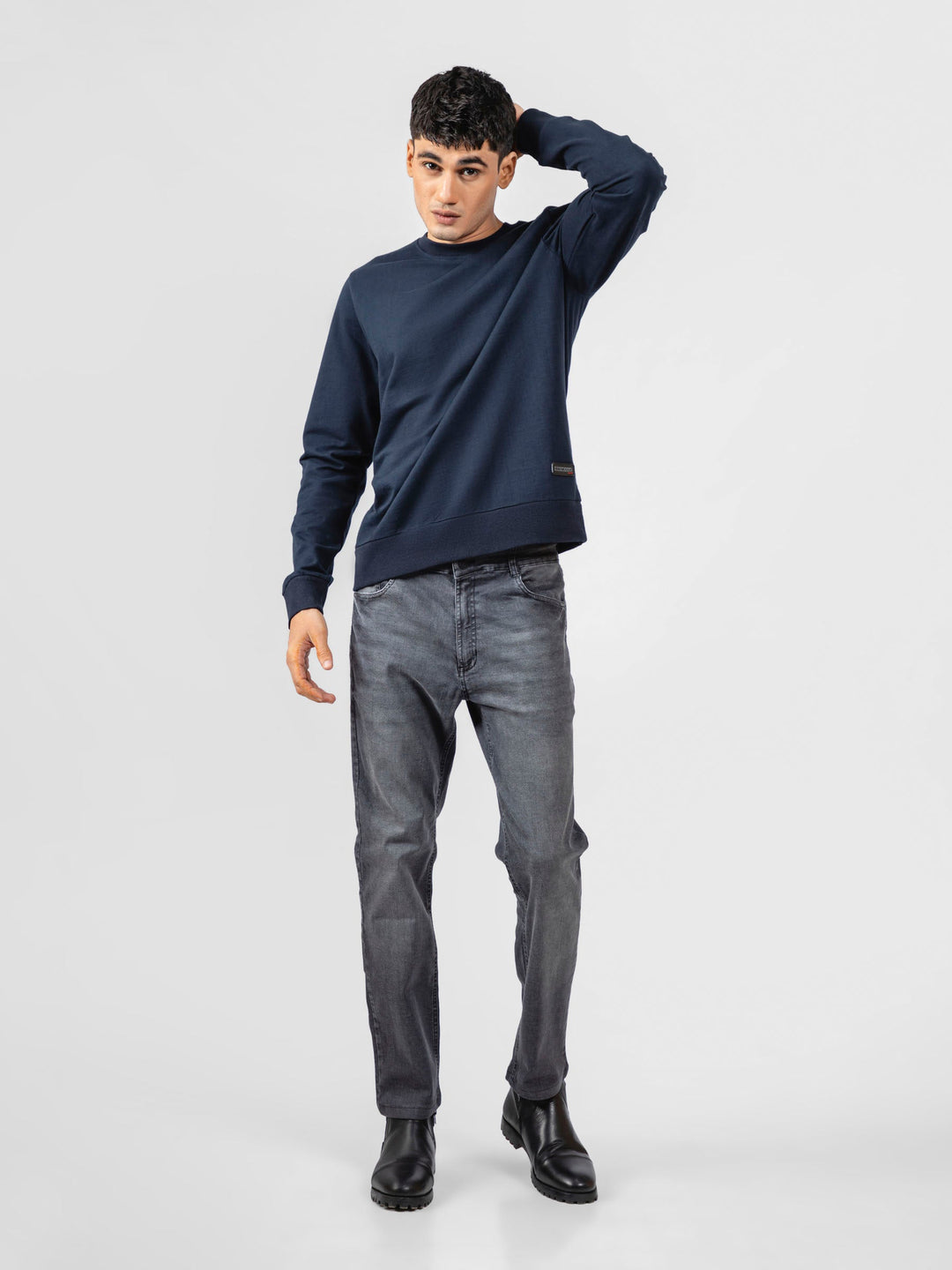 Brumano Ready To Wear Solids Cotton 1 Piece Men Navy Blue Long Sleeve Crewneck Sweatshirt 0-45-023-4007 - Winter Collection