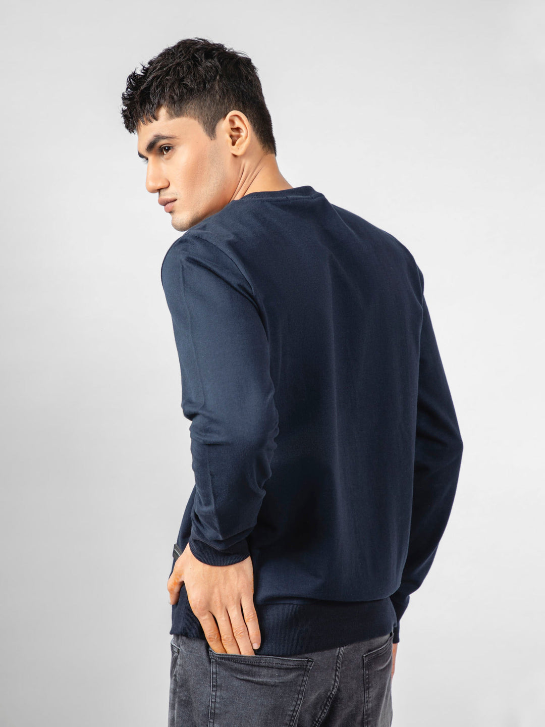 Brumano Ready To Wear Solids Cotton 1 Piece Men Navy Blue Long Sleeve Crewneck Sweatshirt 0-45-023-4007 - Winter Collection