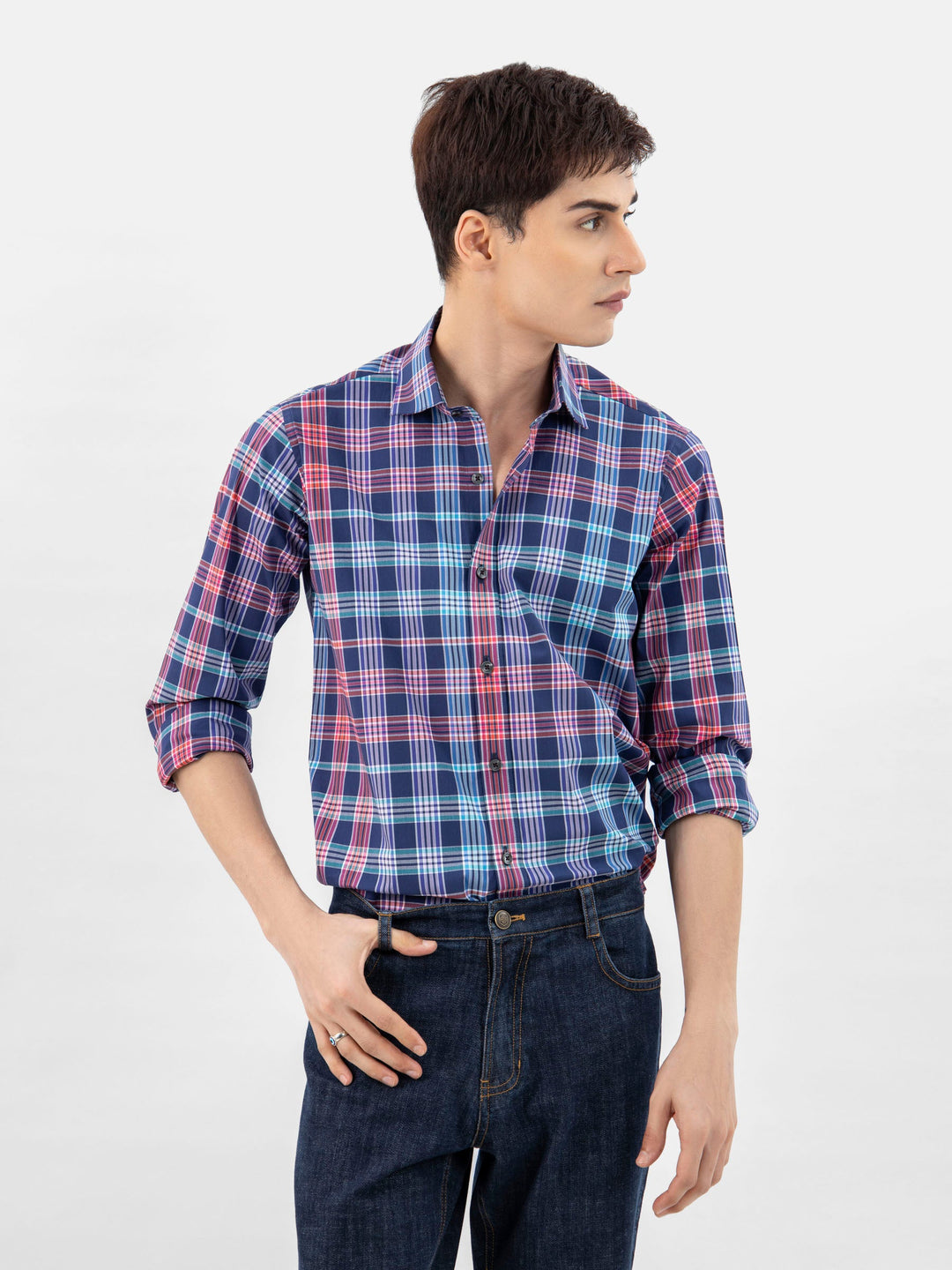 Brumano Ready To Wear Shirts Men 1 Piece Cotton Navy Blue Multicolor Checkered Shirt 0-31-024-3369 - Summer Collection