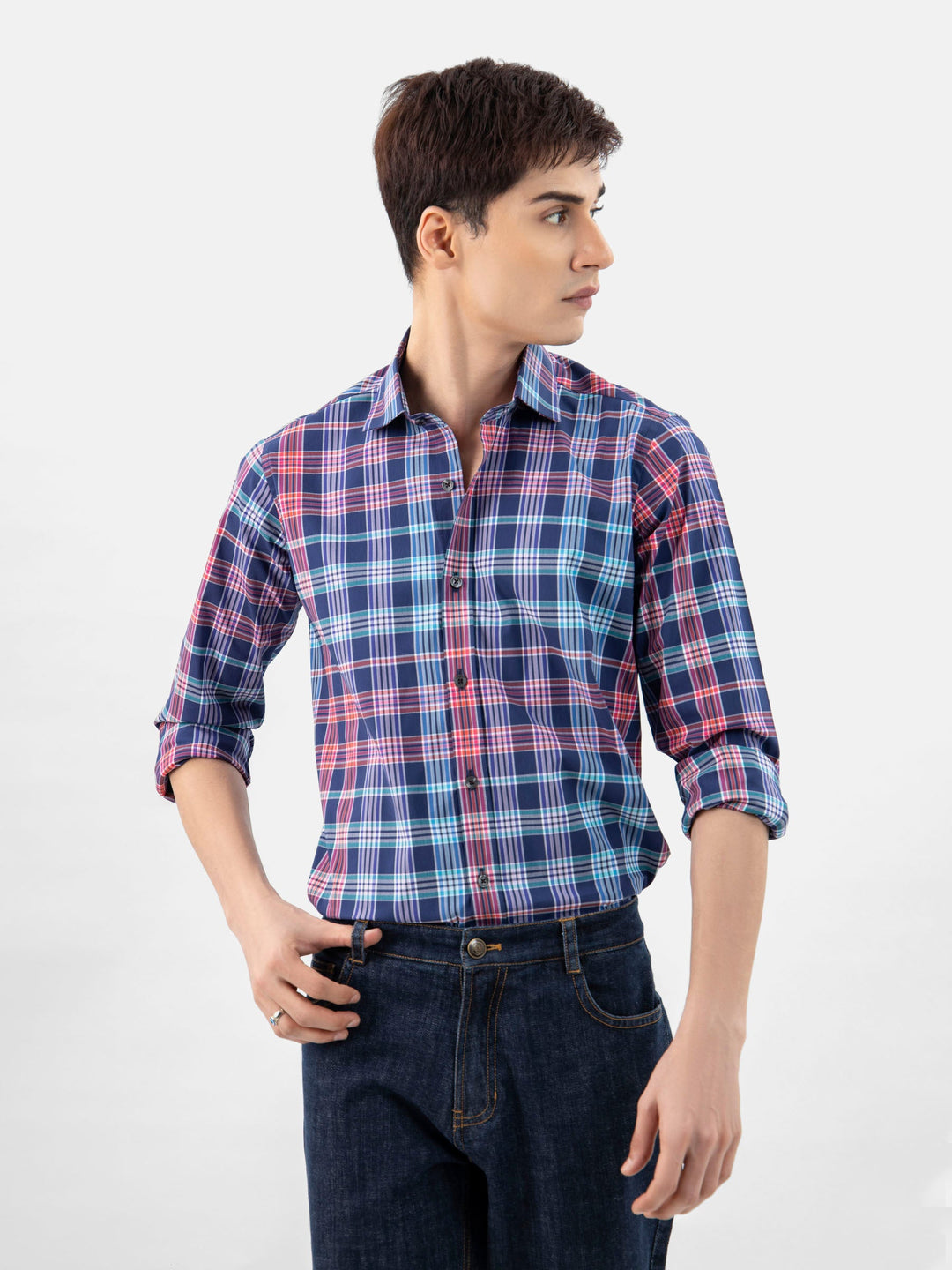 Brumano Ready To Wear Shirts Men 1 Piece Cotton Navy Blue Multicolor Checkered Shirt 0-31-024-3369 - Summer Collection