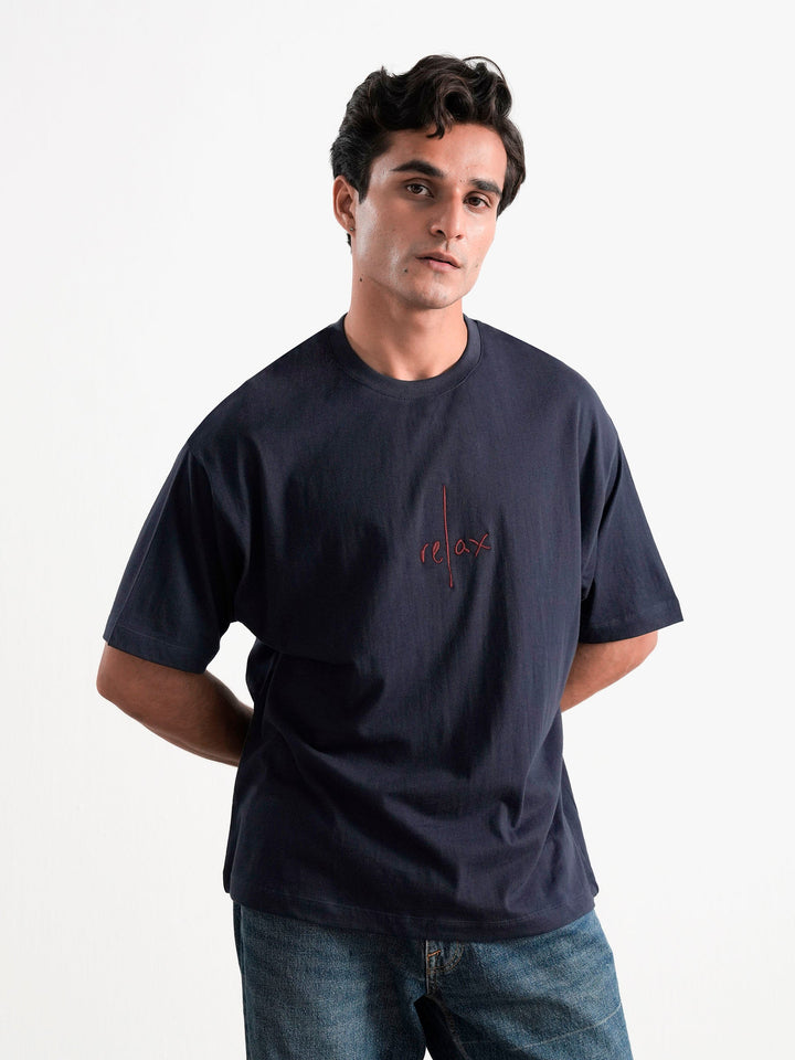 Brumano Cotton Printed Men - NavyBlue Oversized T-Shirt With Minimalist 'Relax' Embroidery