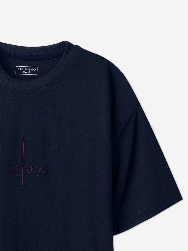 Brumano Cotton Printed Women - NavyBlue Oversized T-Shirt With Minimalist 'Relax' Embroidery - Women
