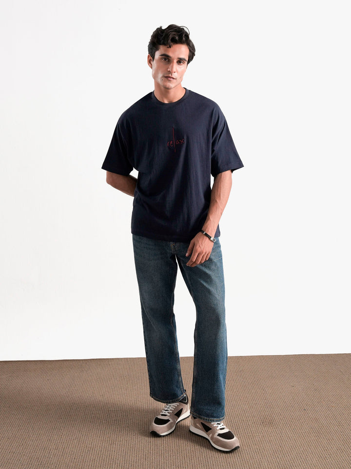Brumano Cotton Printed Men - NavyBlue Oversized T-Shirt With Minimalist 'Relax' Embroidery