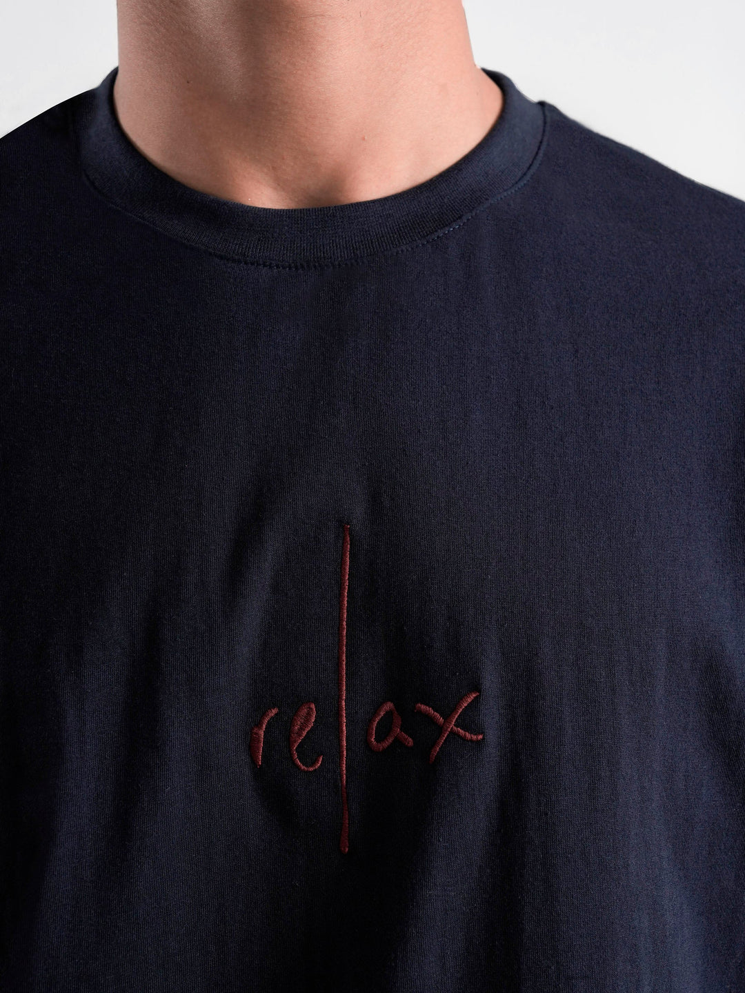 Brumano Cotton Printed Men - NavyBlue Oversized T-Shirt With Minimalist 'Relax' Embroidery