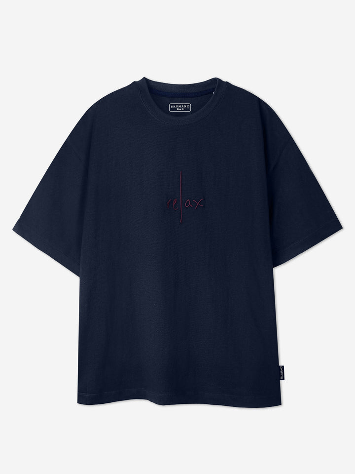 Brumano Cotton Printed Women - NavyBlue Oversized T-Shirt With Minimalist 'Relax' Embroidery - Women